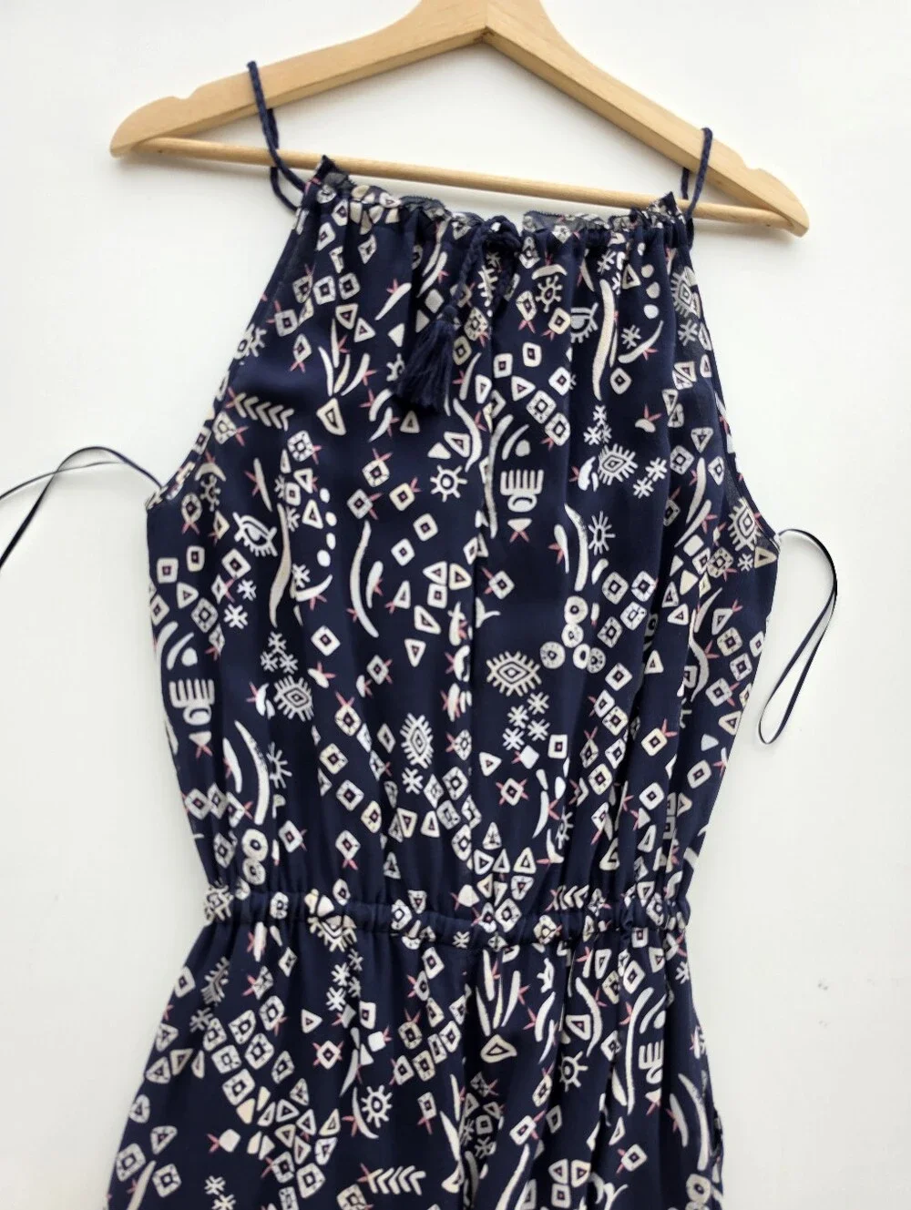 Tory Burch Silk Navy Blue Geometric Tribal Print Wide Leg Jumpsuit